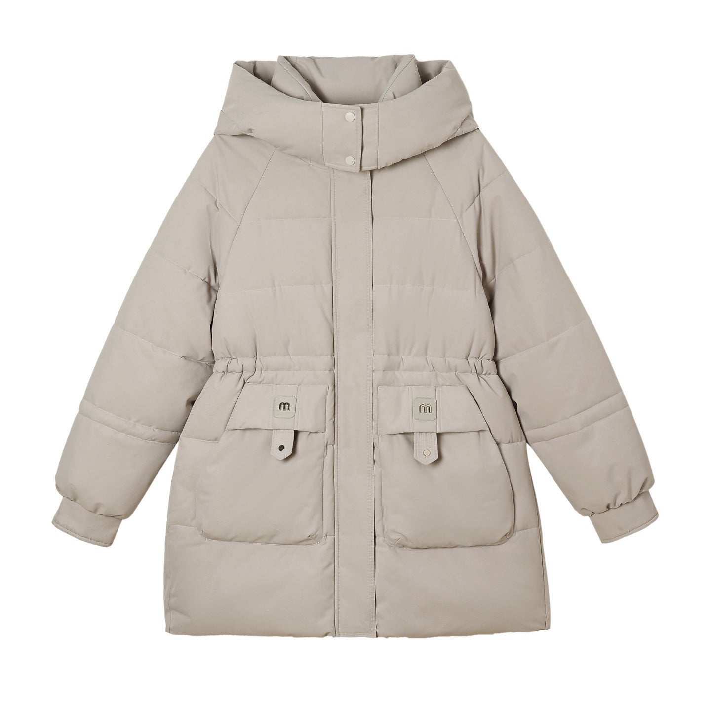 Daunenwattierte, mittellange, dicke Kapuzenjacke mit Baumwollfutter