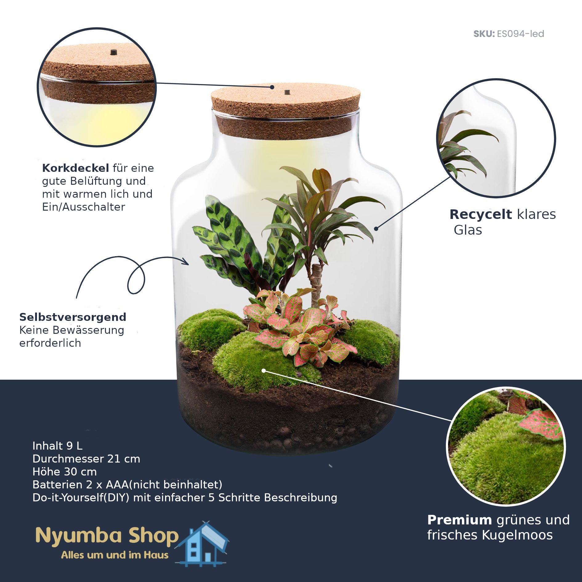 DIY-Pflanzenterrarium mit Beleuchtung – Milky Palm – Ø 21 cm, Höhe 30 cm