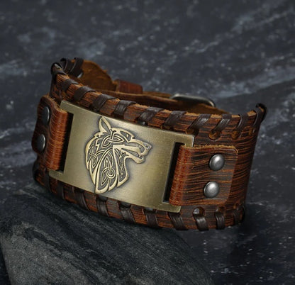 Asgard Crafted Leder Schnalle Arm Manschette mit Fenrir Design