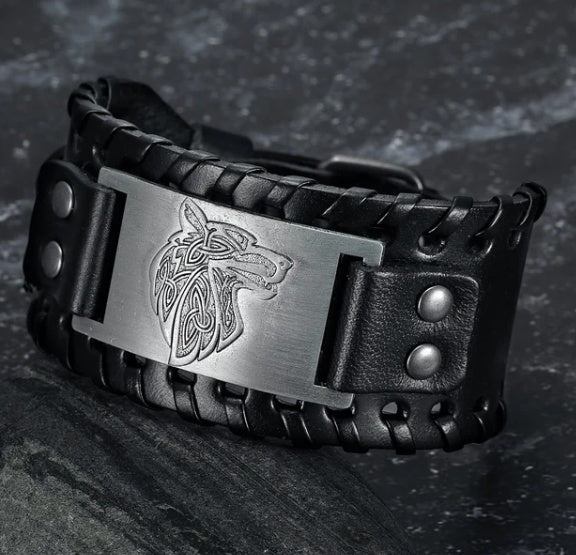 Leder Schnalle Arm-Manschette mit Fenrir Design