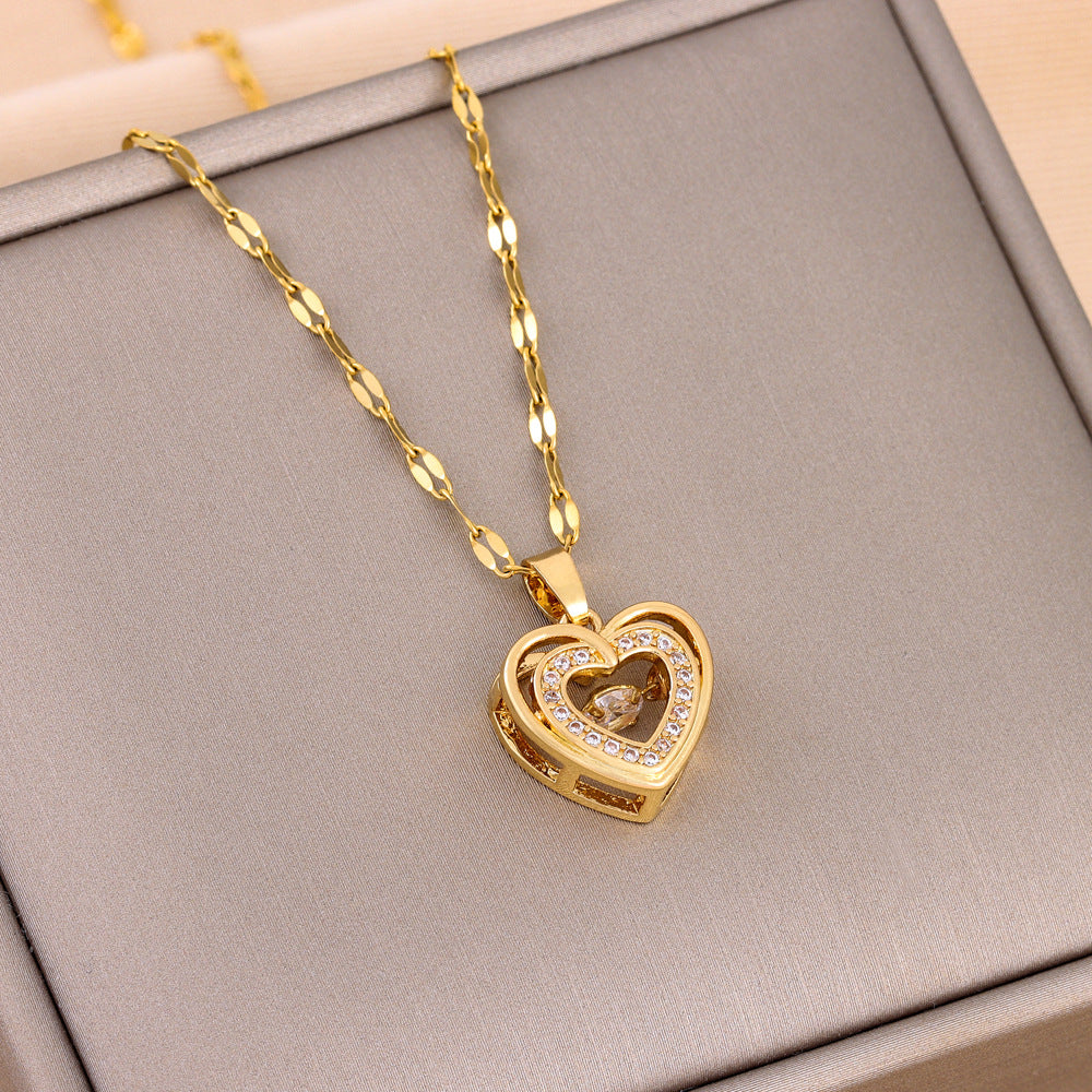 Zweilagige Liebes-Halskette mit Strasssteinen Titanstahl-Anhänger Modeschmuck Geschenk