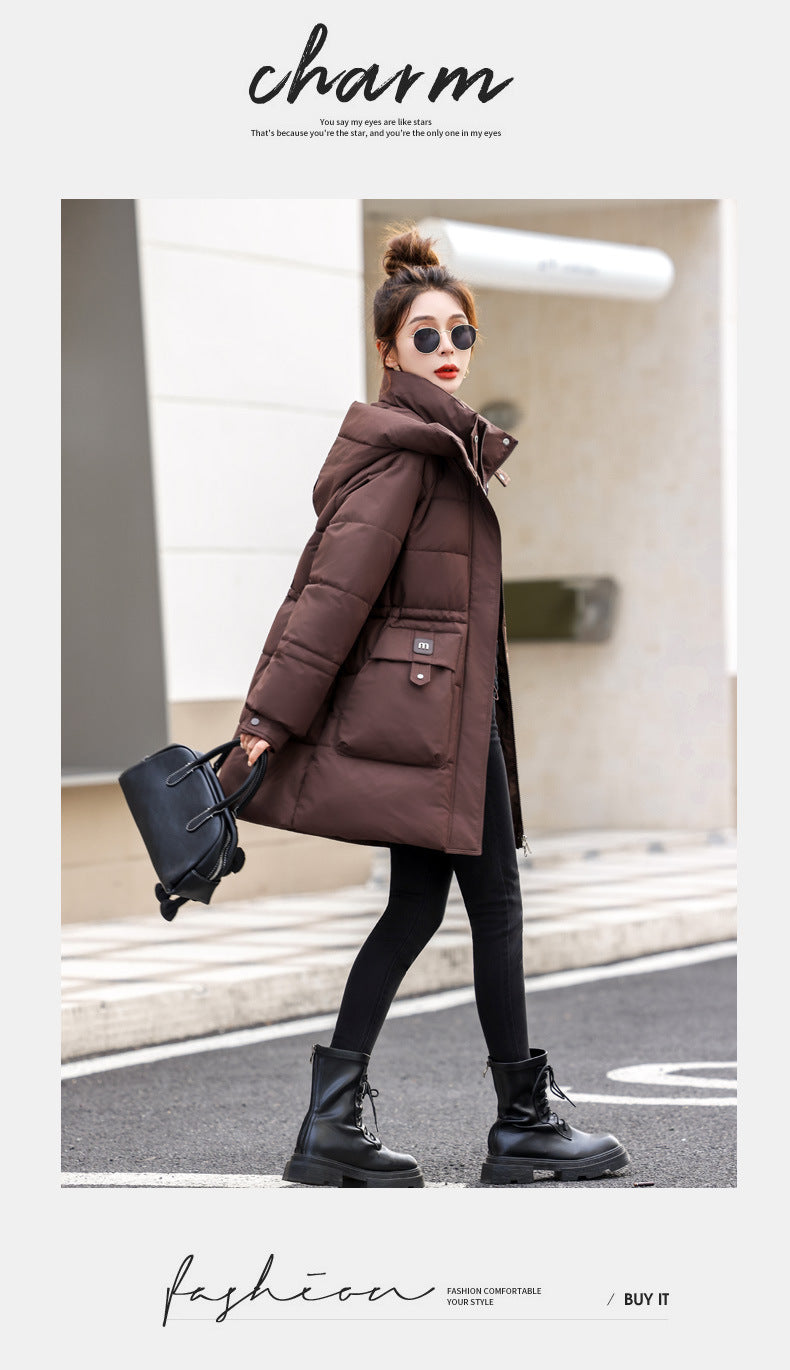 Daunenwattierte, mittellange, dicke Kapuzenjacke mit Baumwollfutter