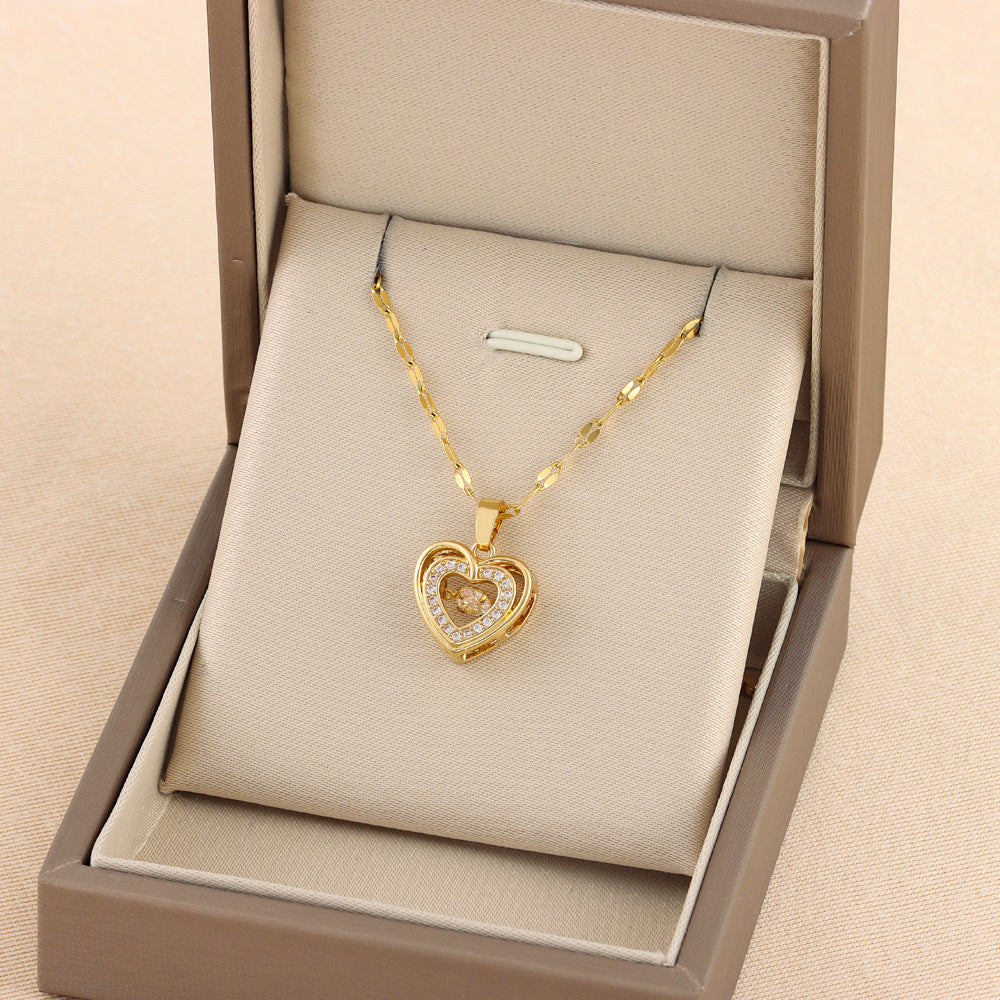 Zweilagige Liebes-Halskette mit Strasssteinen Titanstahl-Anhänger Modeschmuck Geschenk