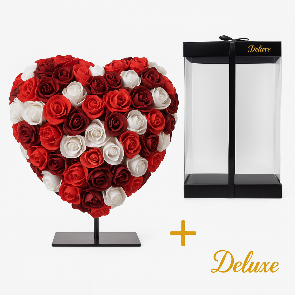Herz DELUXE auf Ständer 15 cm – Gemischter roter, bordeauxfarbener und weißer Schaum – in luxuriöser Geschenkverpackung 15 cm