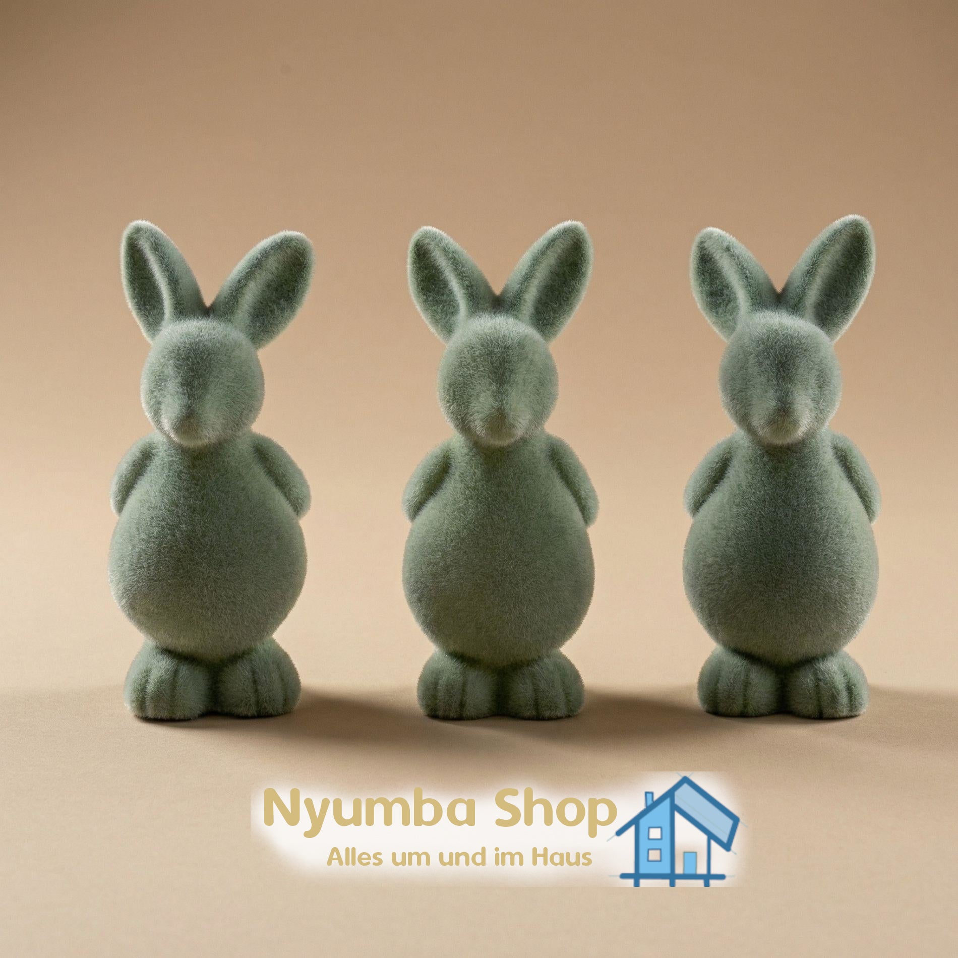 3x Osterhase Dekoration - Grüner Samt - ↑ 12,5 cm