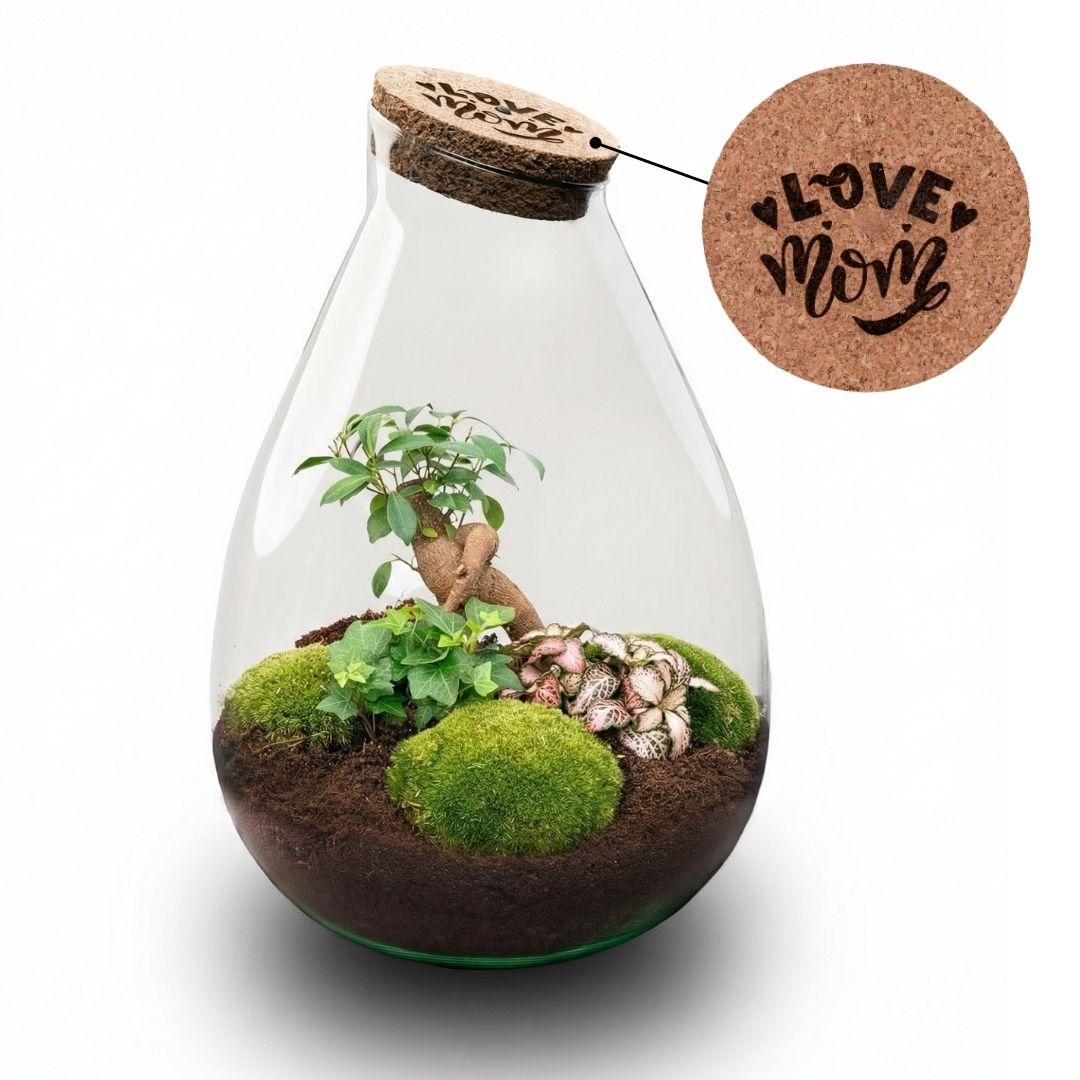 'LOVE MOM' Terrarium Drop XL + gravierter Kork - Flaschengarten DIY Set – Ø 24 cm ↑ 37 cm -  Muttertag