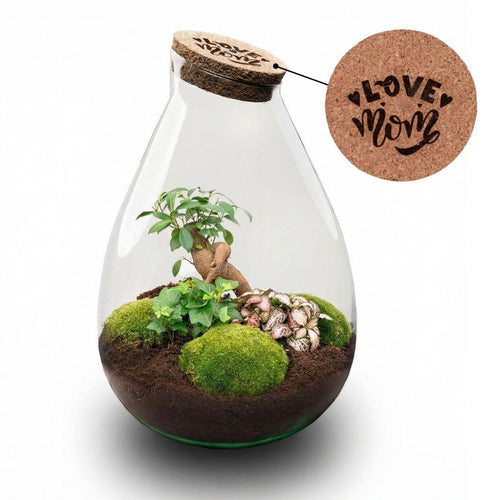 'LOVE MOM' Terrarium Drop XL + gravierter Kork - Flaschengarten DIY Set – Ø 24 cm ↑ 37 cm -  Muttertag