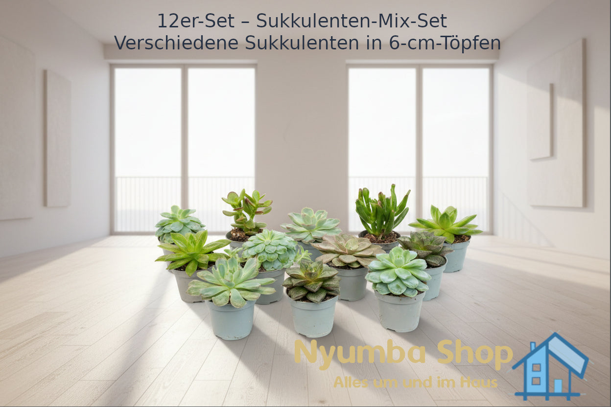 12er-Set – Sukkulenten-Mix-Set – Verschiedene Sukkulenten in 6-cm-Töpfen (8–12 cm hoch)