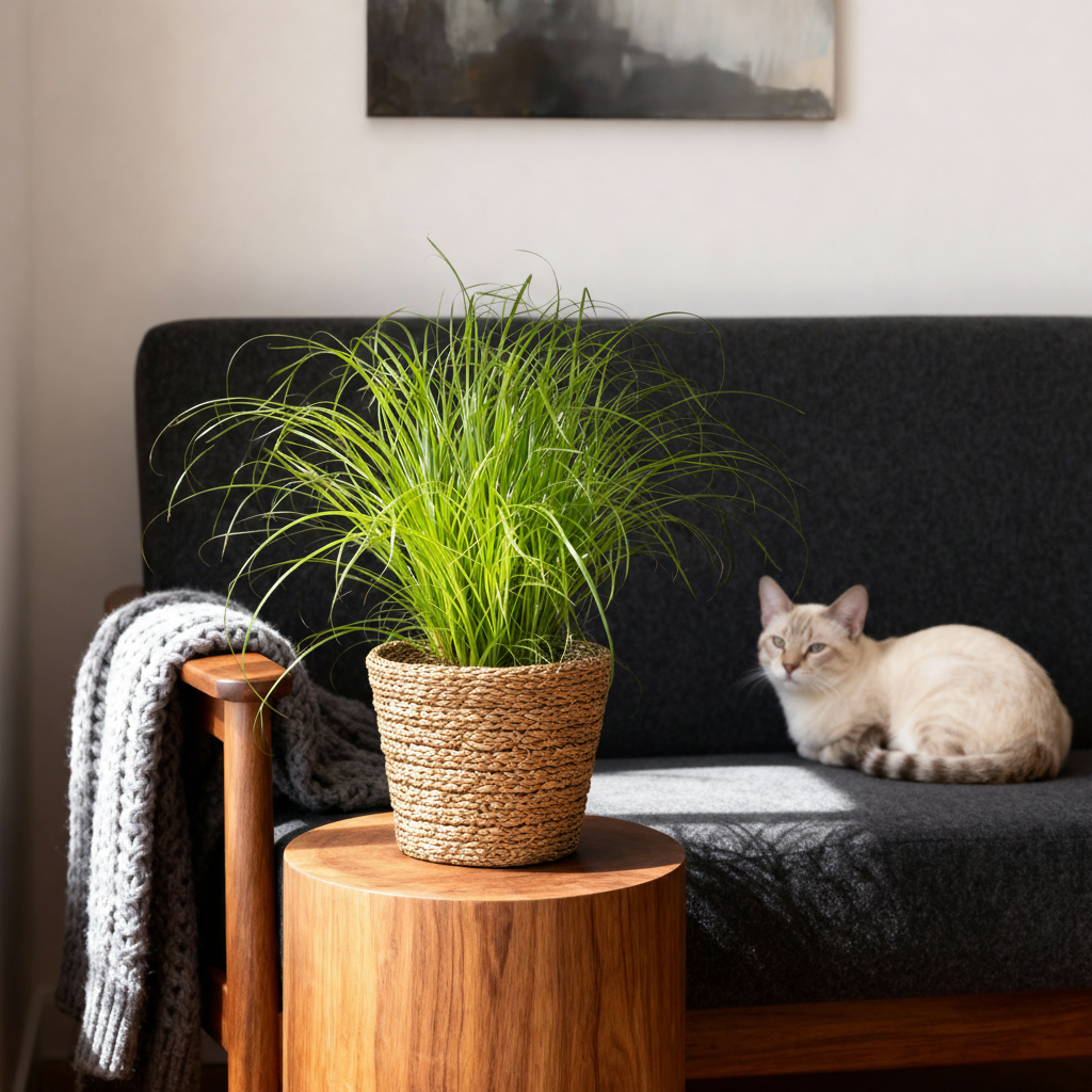 Green boutiQ - Zimmerpflanze - Cyperus alternifolius Zumula - Katzenpflanze - Haustierfreundliche Pflanze - Grün - 1 Pflanze - mit Korb - Topf 12cm - Höhe 20cm