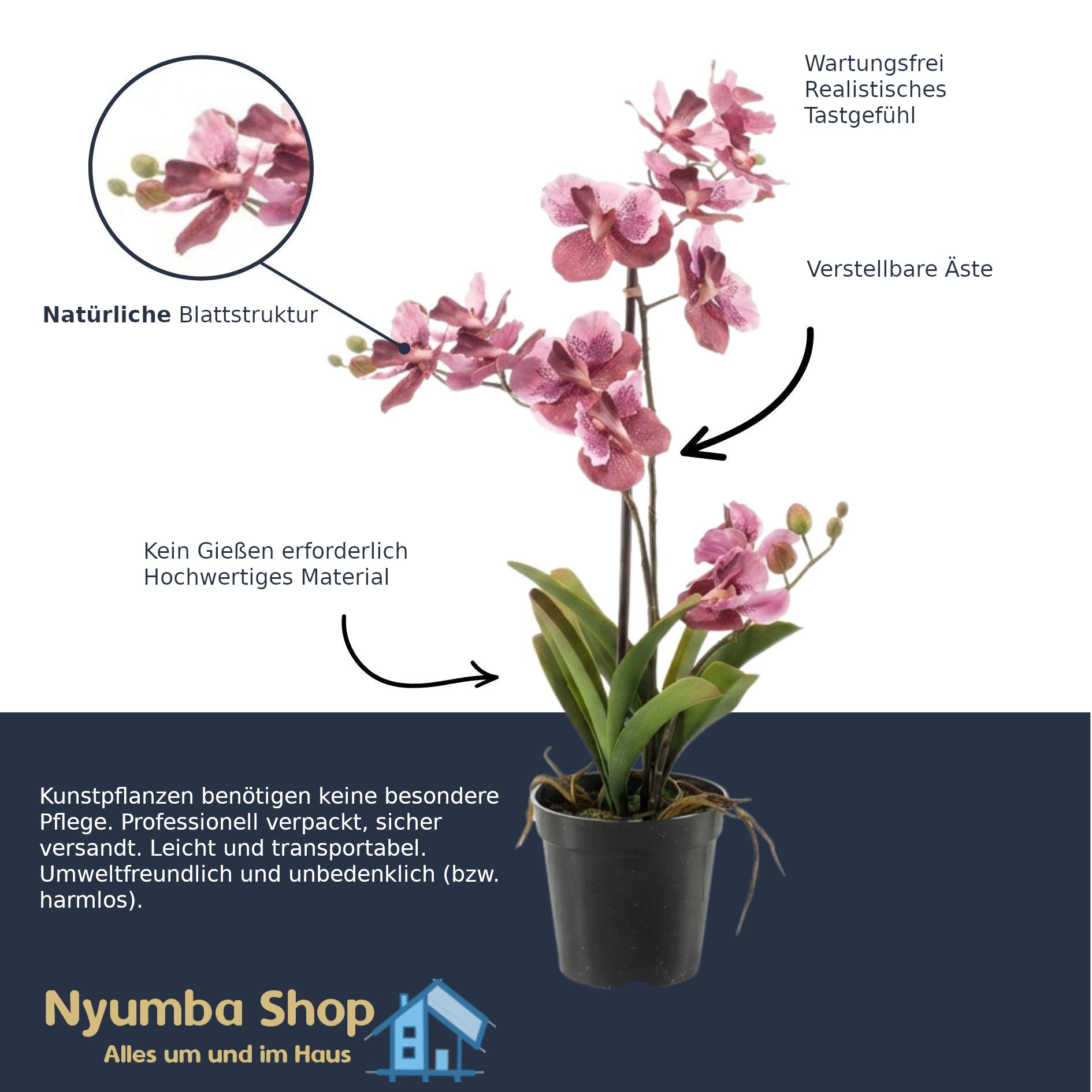 Orchidee Vanda Kunstpflanze 60 cm – Altrosa – Im Topf – Künstliche Pflanze