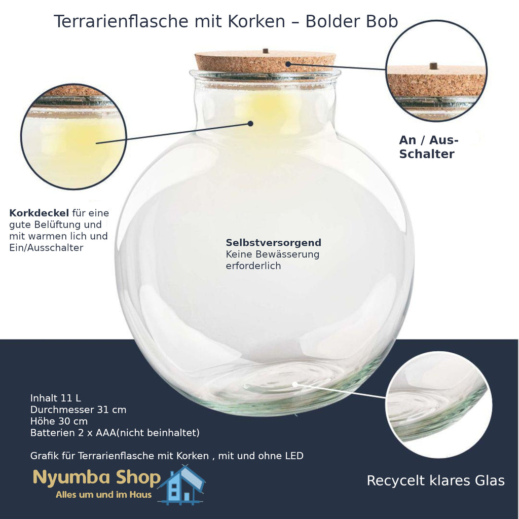 Terrarienflasche mit Korken – Bolder Bob – Ø 30 cm ↑ 31 cm – Ohne LED-Korken