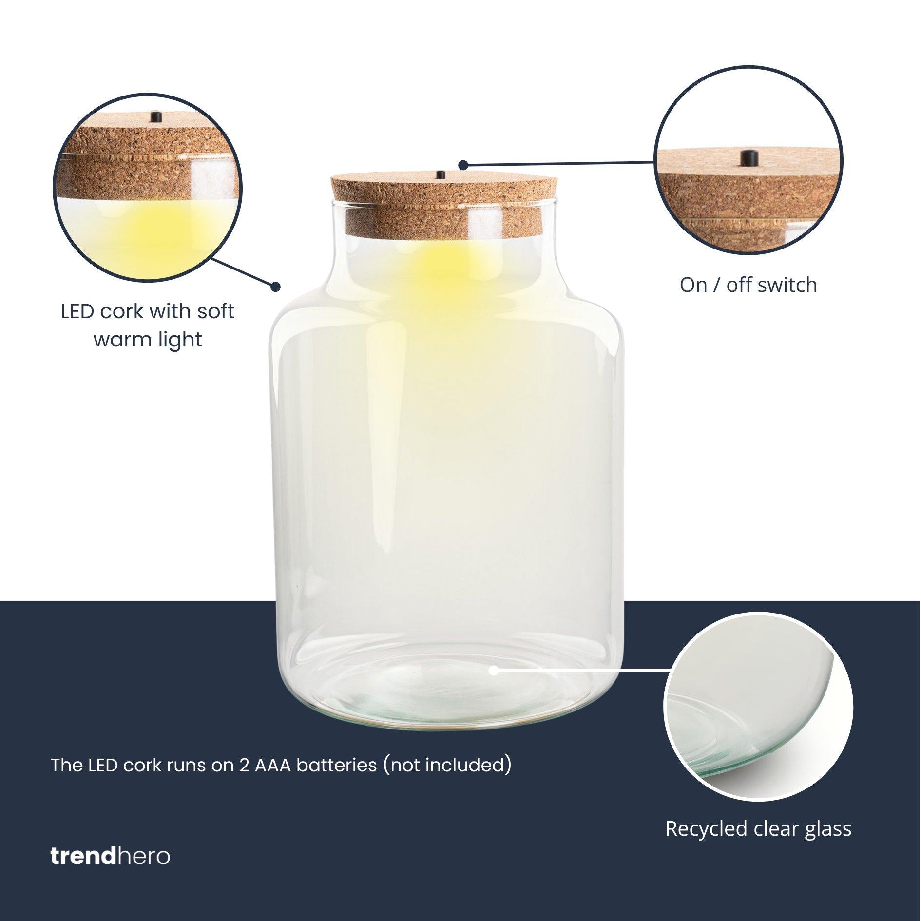 Terrarienflasche mit Korkverschluss – Little Milky mit LED-Korkverschluss – Geschlossenes großes Terrarium ↑ 24,5 cm