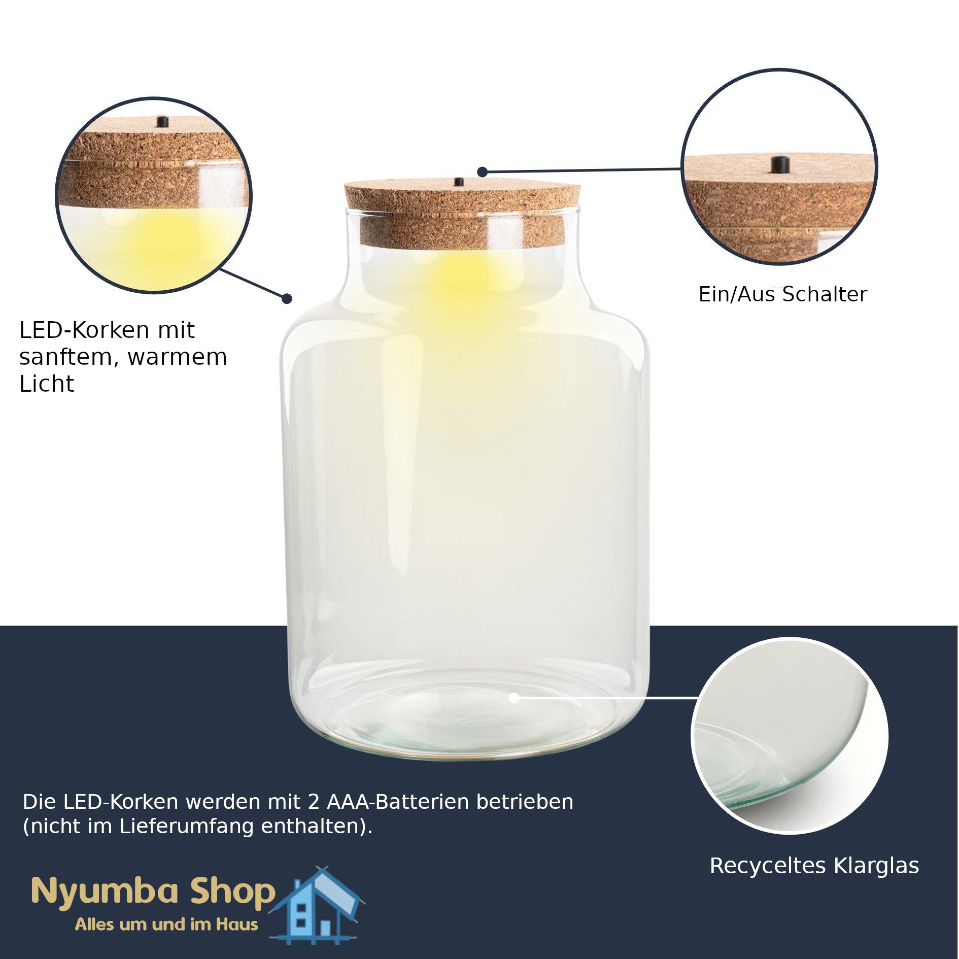 Terrarienflasche mit Korkverschluss – Little Milky mit LED-Korkverschluss – Geschlossenes großes Terrarium ↑ 24,5 cm