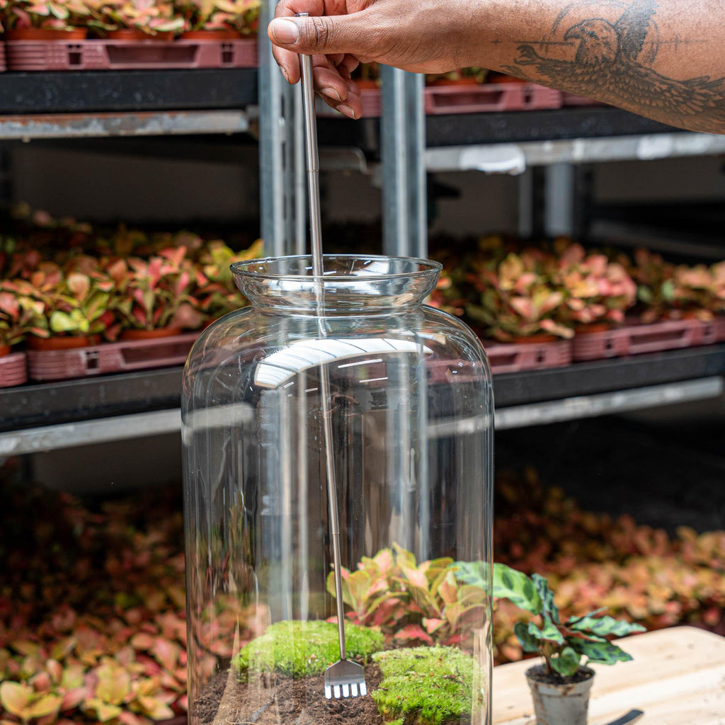 Flaschengarten-Werkzeug – Harke – 16–49 cm – Teleskop – Edelstahl - Terrarium Werkzeug